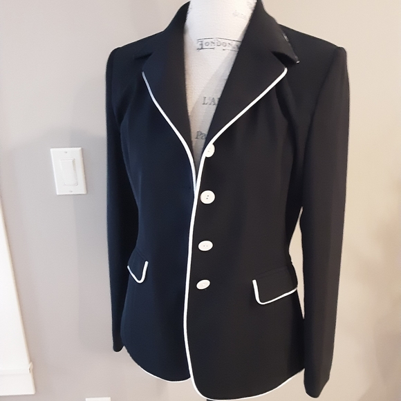VINTAGE INGENUITY BLACK BLAZER WITH WHITE PIPING SZ 10 - Picture 1 of 9